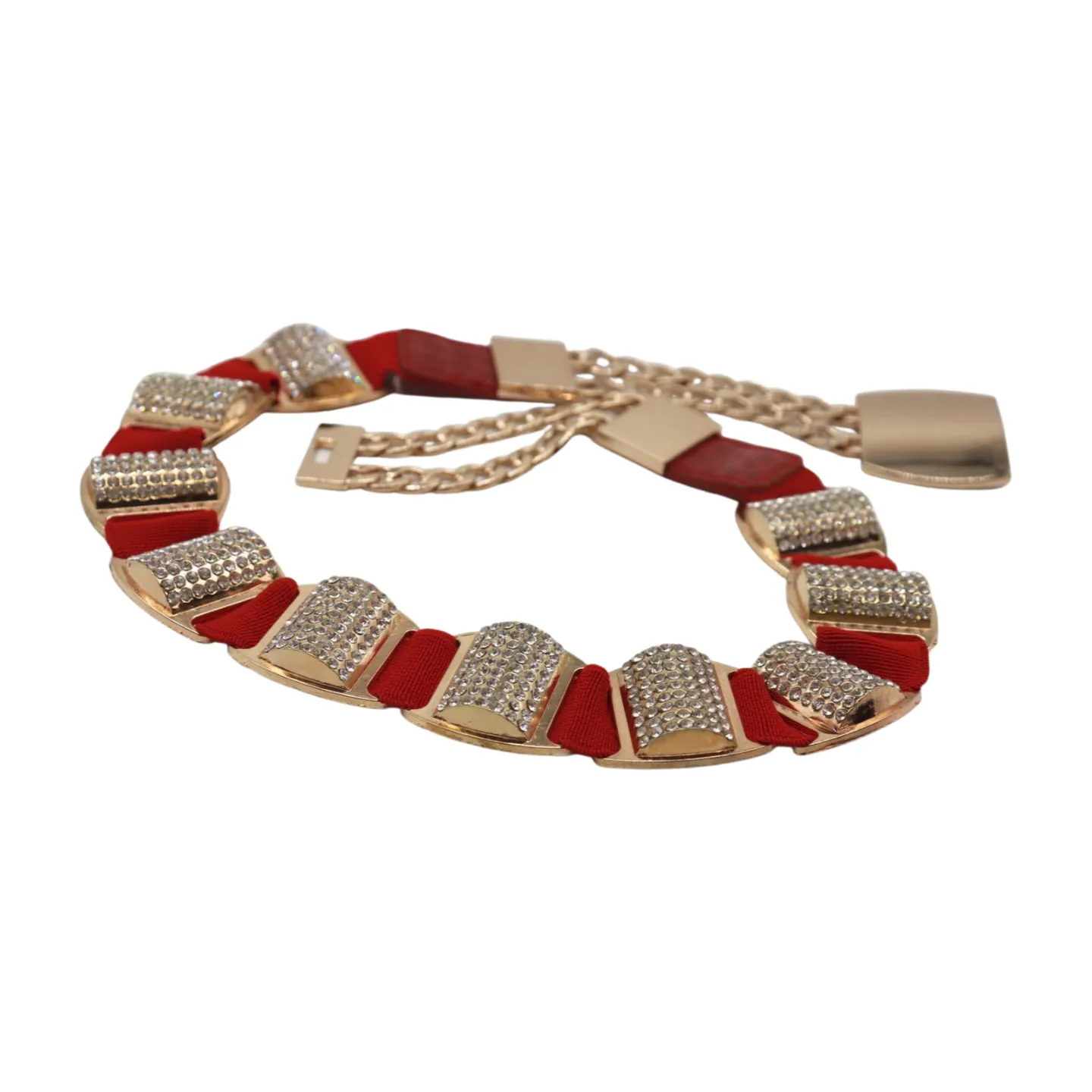 Red Elastic Waistband Belt Gold Metal Square Buckle Fit Size S M