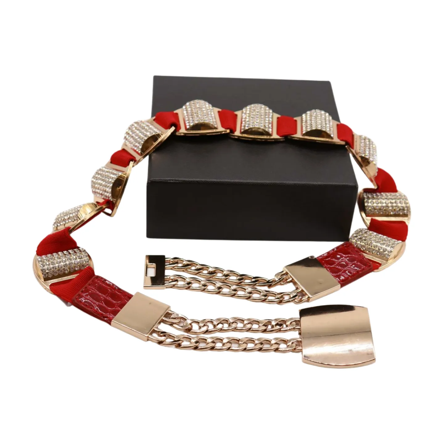 Red Elastic Waistband Belt Gold Metal Square Buckle Fit Size S M