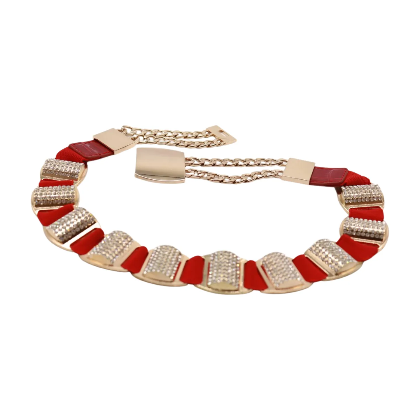 Red Elastic Waistband Belt Gold Metal Square Buckle Fit Size S M