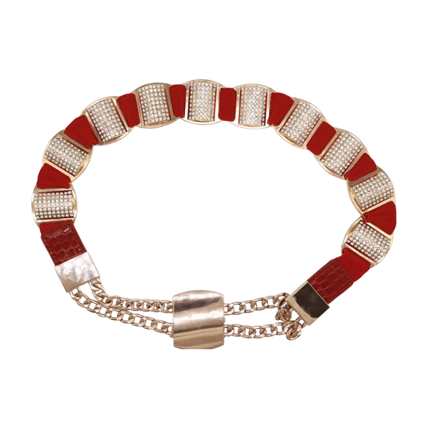 Red Elastic Waistband Belt Gold Metal Square Buckle Fit Size S M