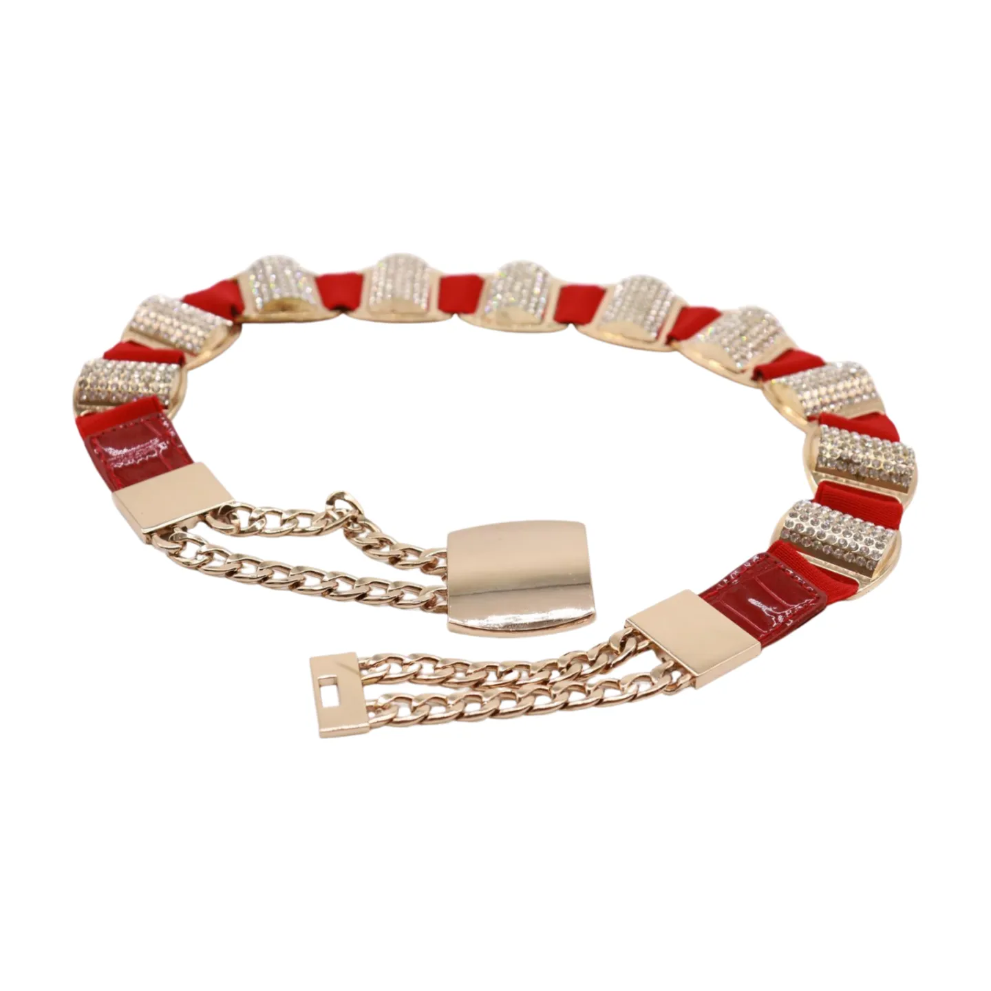 Red Elastic Waistband Belt Gold Metal Square Buckle Fit Size S M