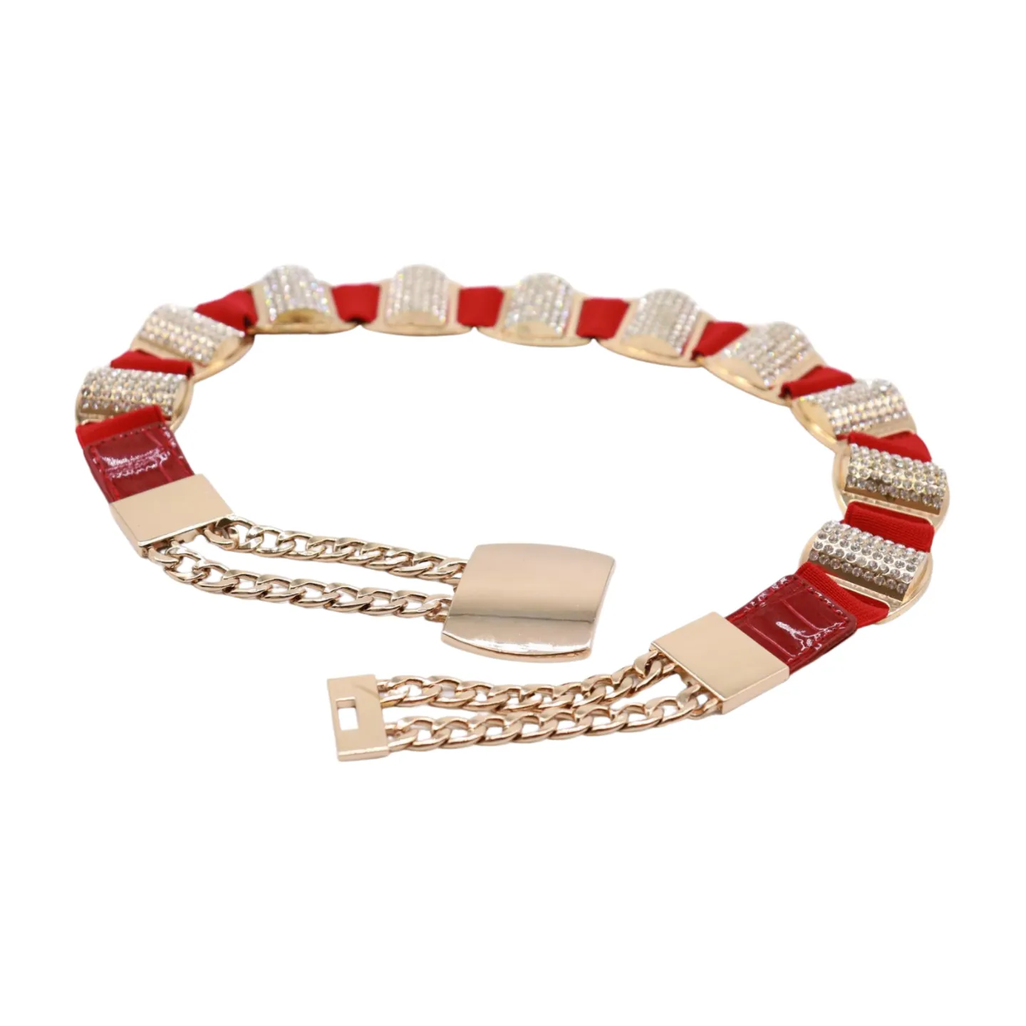 Red Elastic Waistband Belt Gold Metal Square Buckle Fit Size S M