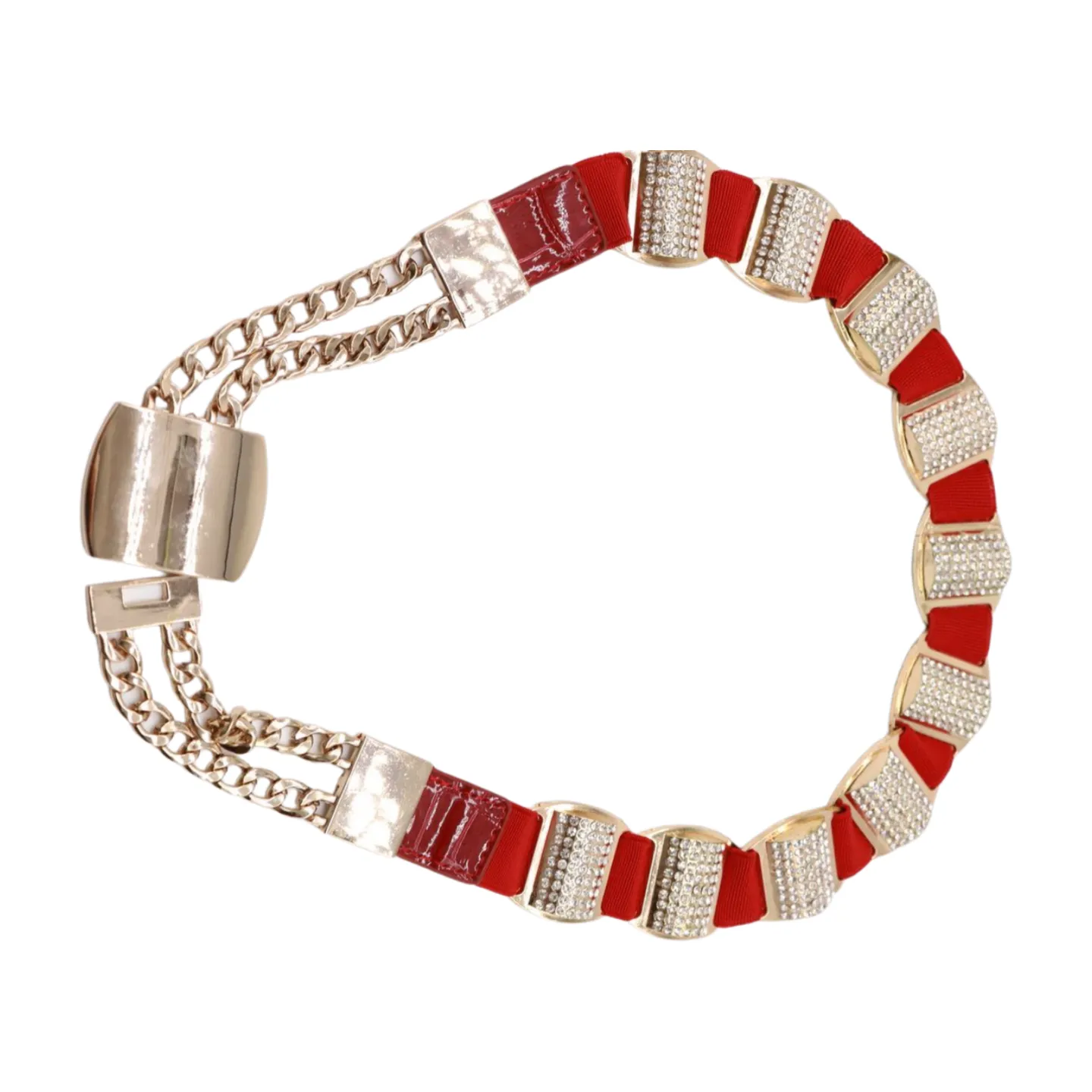 Red Elastic Waistband Belt Gold Metal Square Buckle Fit Size S M
