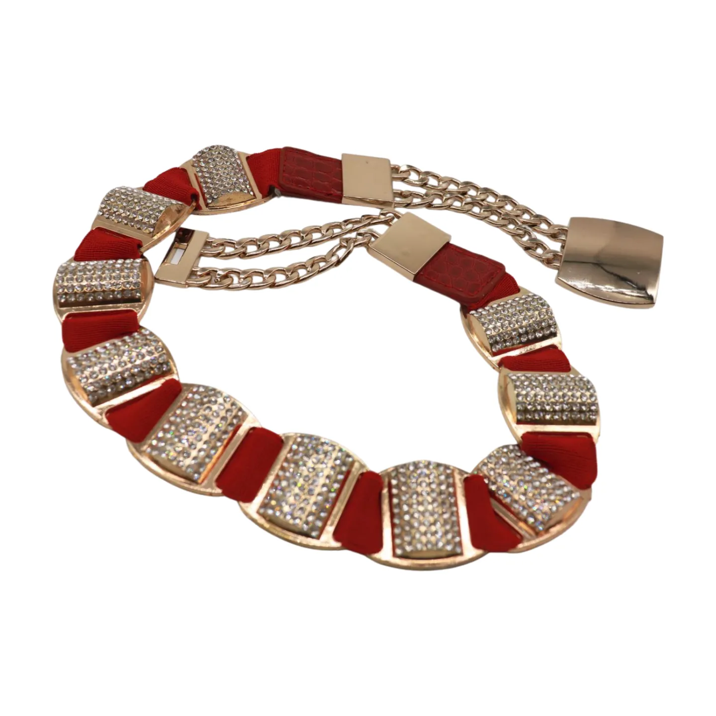 Red Elastic Waistband Belt Gold Metal Square Buckle Fit Size S M
