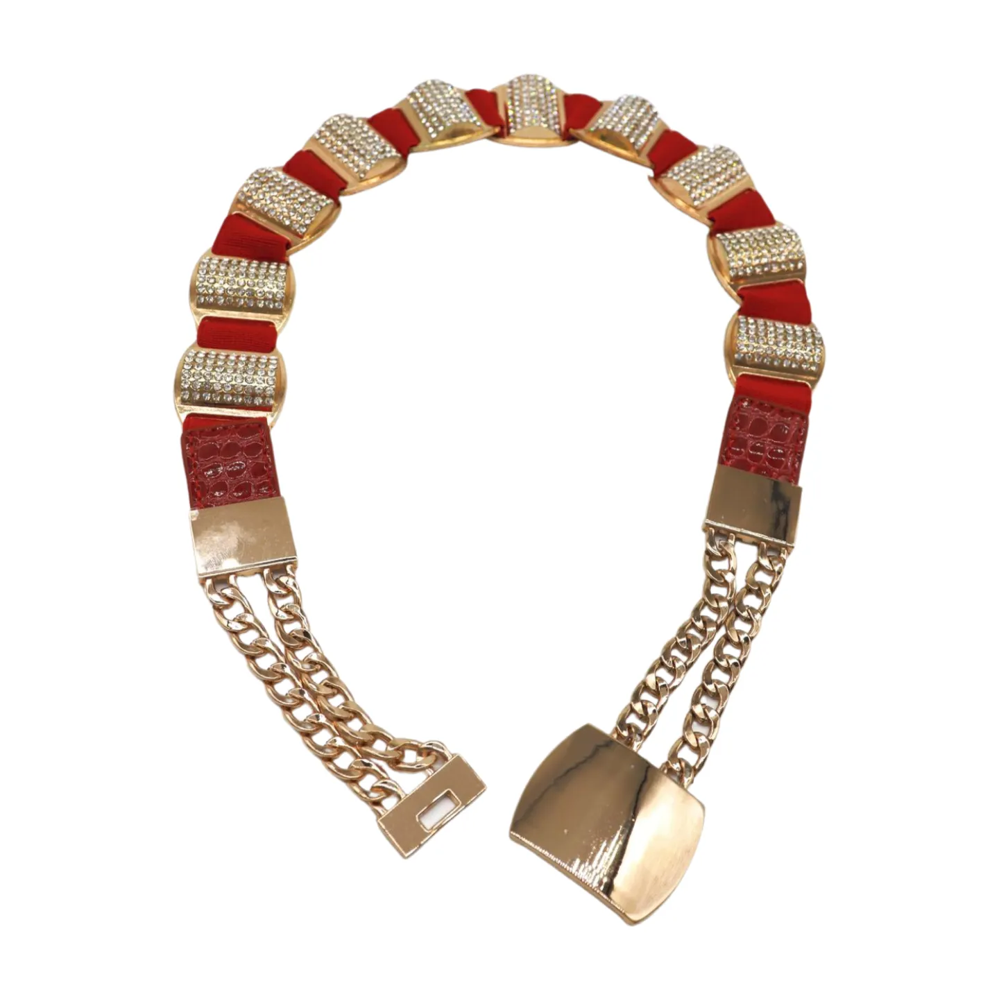 Red Elastic Waistband Belt Gold Metal Square Buckle Fit Size S M