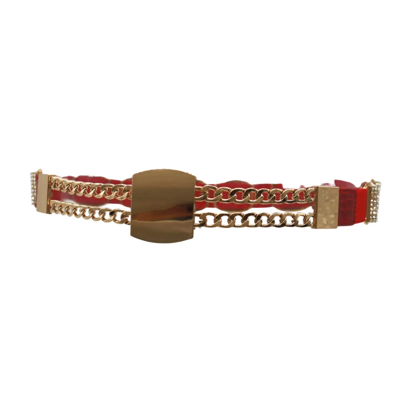 Red Elastic Waistband Belt Gold Metal Square Buckle Fit Size S M