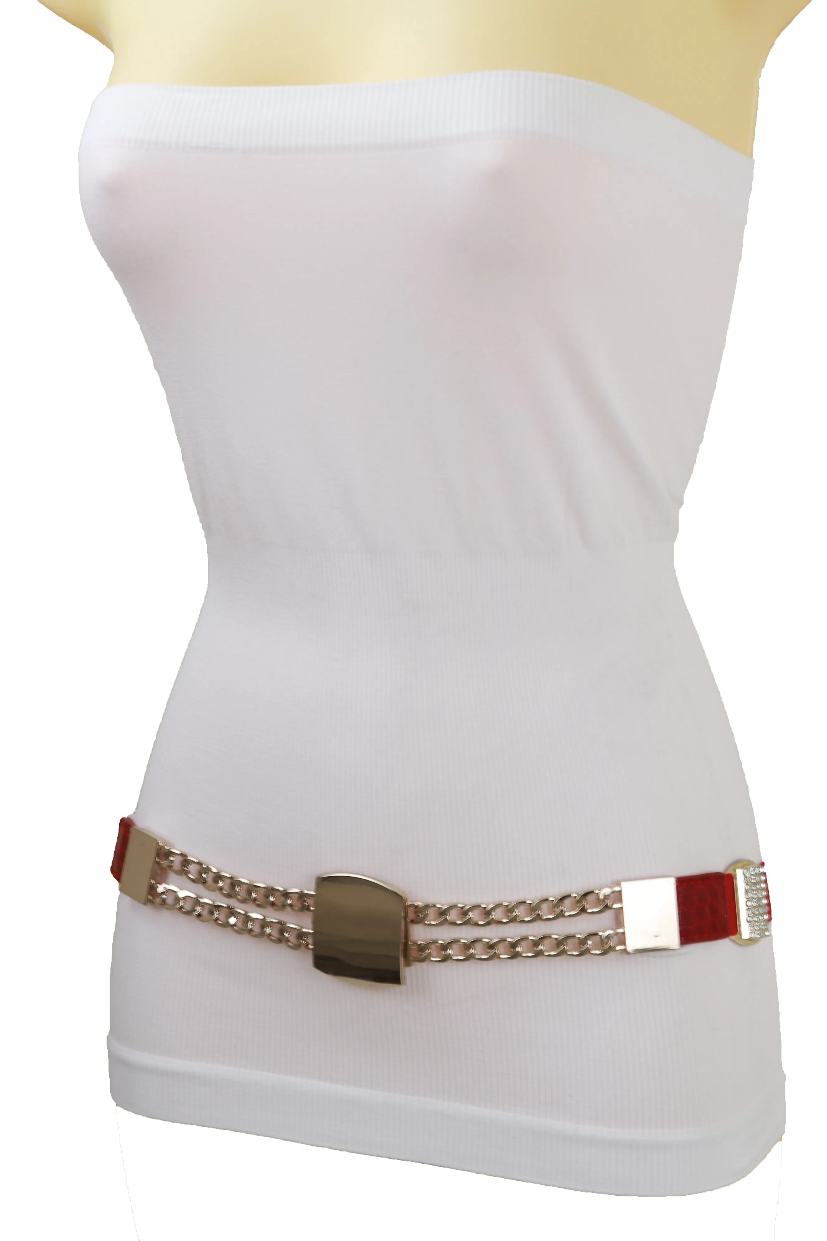 Red Elastic Waistband Belt Gold Metal Square Buckle Fit Size S M