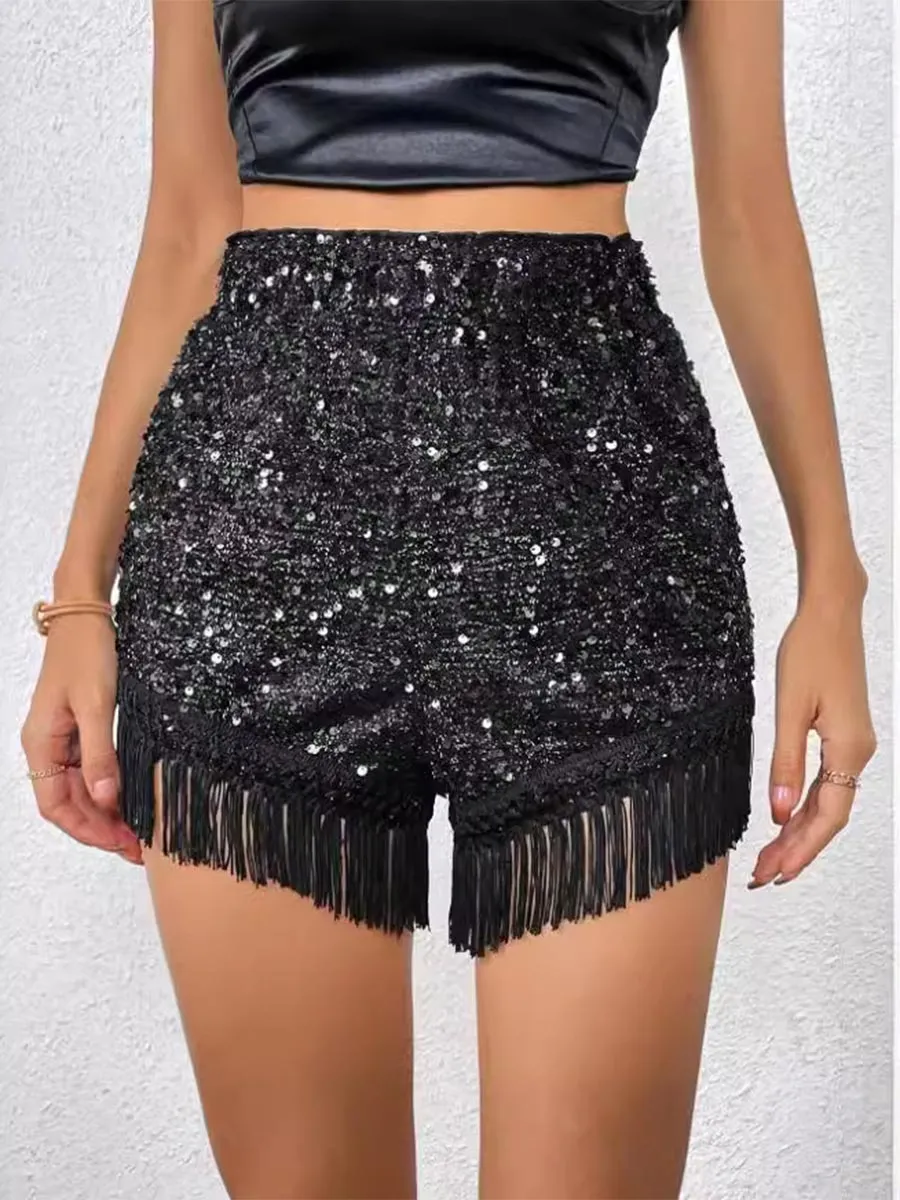 Solid Glitter Fringe Hem Shorts