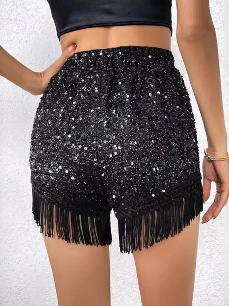 Solid Glitter Fringe Hem Shorts