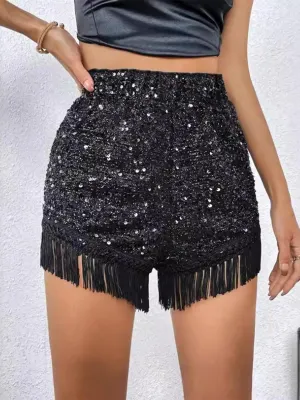 Solid Glitter Fringe Hem Shorts