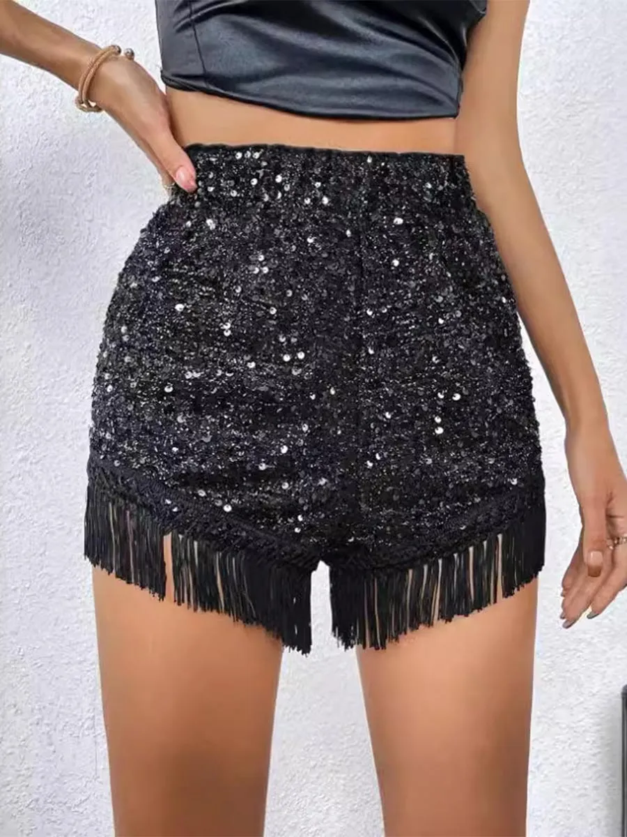 Solid Glitter Fringe Hem Shorts