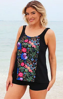 Tank Top Chlorine Resistant Swimwear - Black with Print front panel
