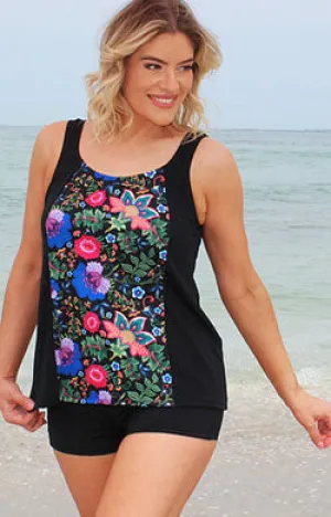 Tank Top Chlorine Resistant Swimwear - Black with Print front panel