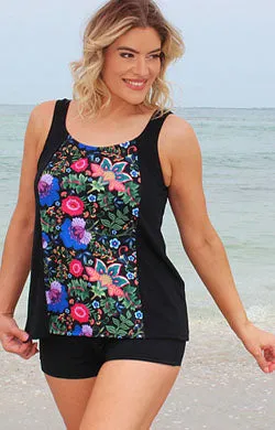 Tank Top Chlorine Resistant Swimwear - Black with Print front panel