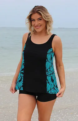 Tank Top Chlorine Resistant Swimwear - Black with Print side panels
