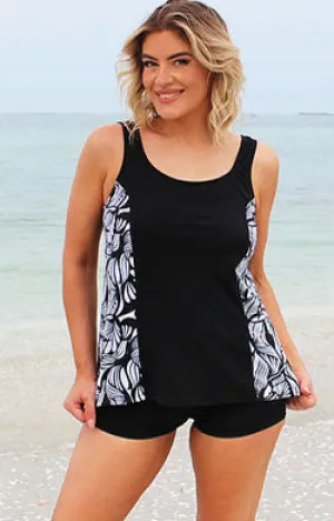Tank Top Chlorine Resistant Swimwear - Black with Print side panels