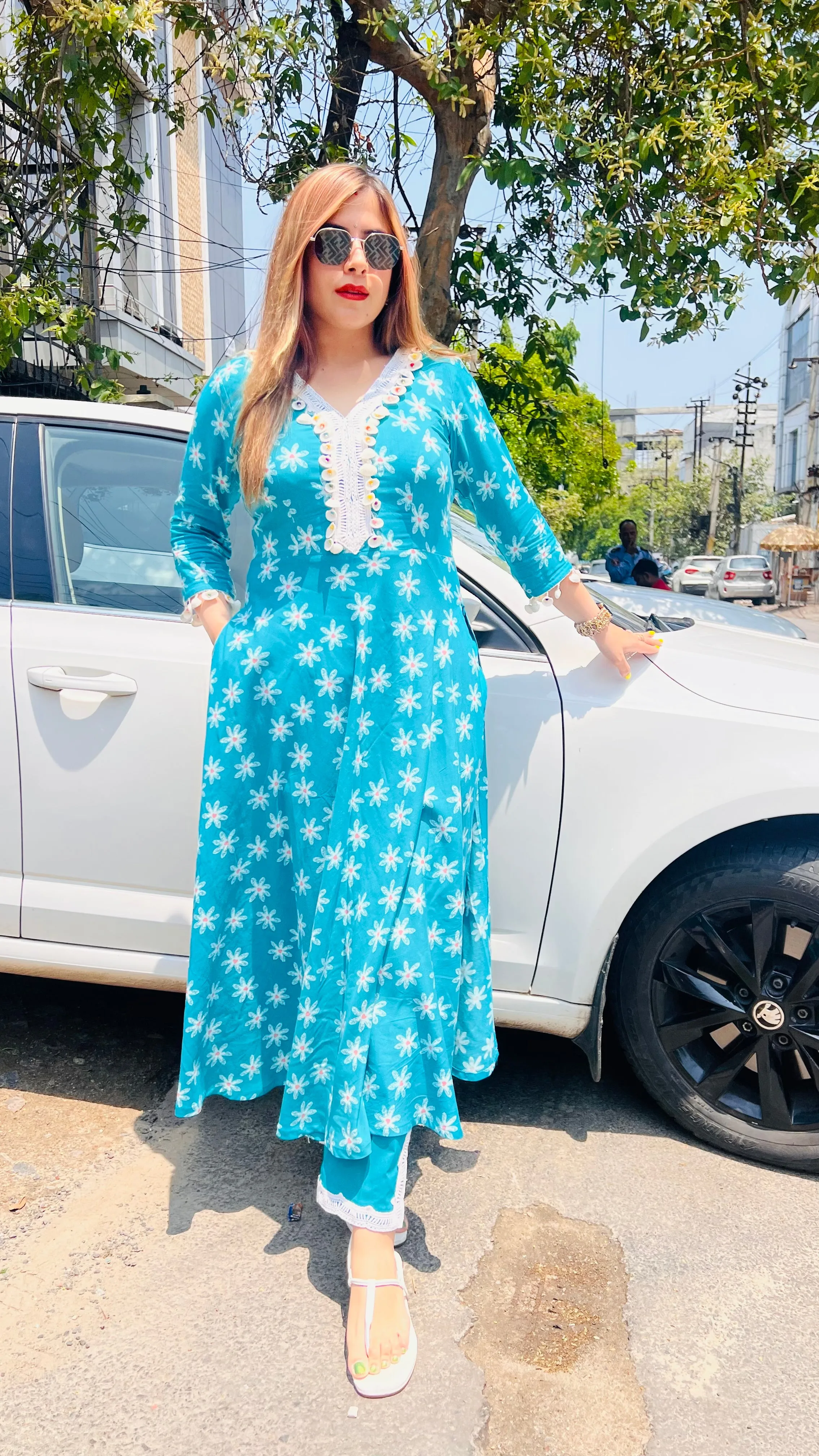 Turquoise Floral Cotton Suit