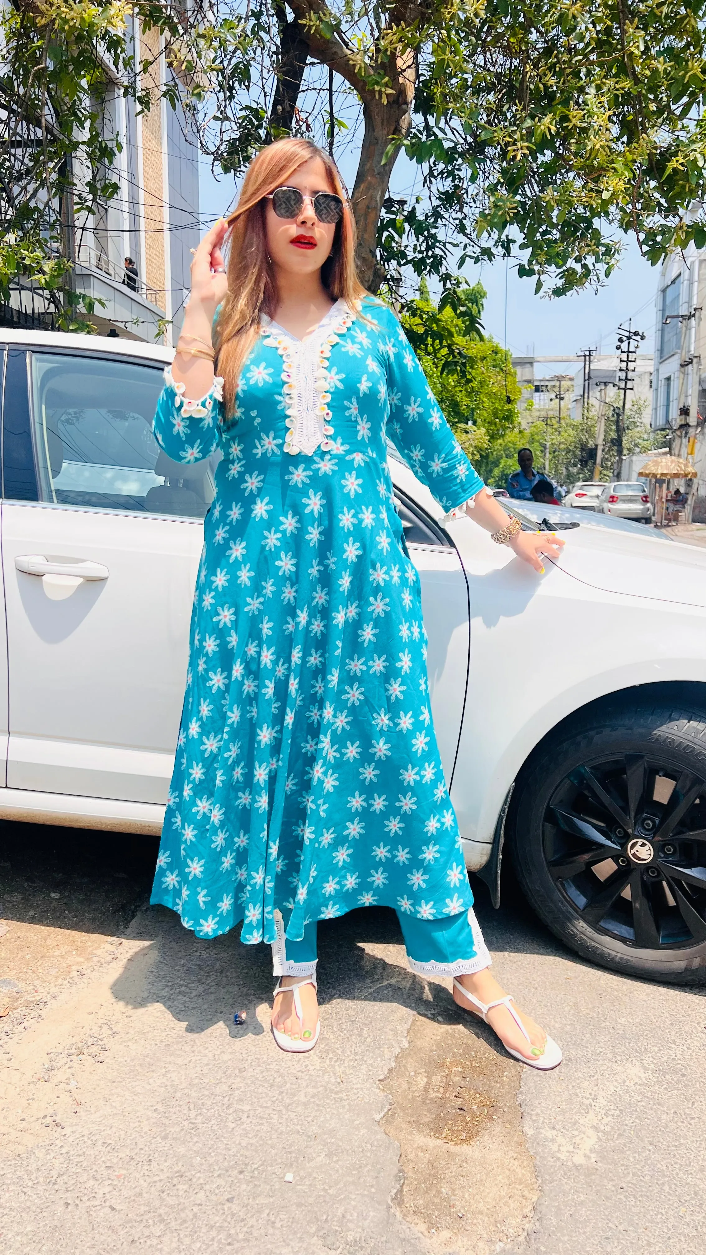 Turquoise Floral Cotton Suit