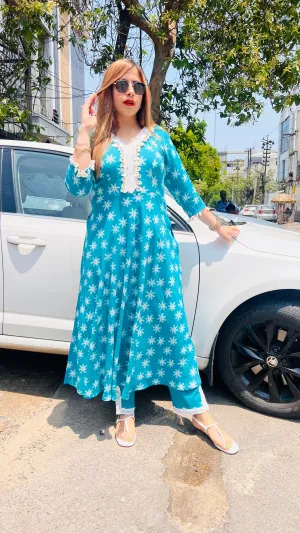 Turquoise Floral Cotton Suit