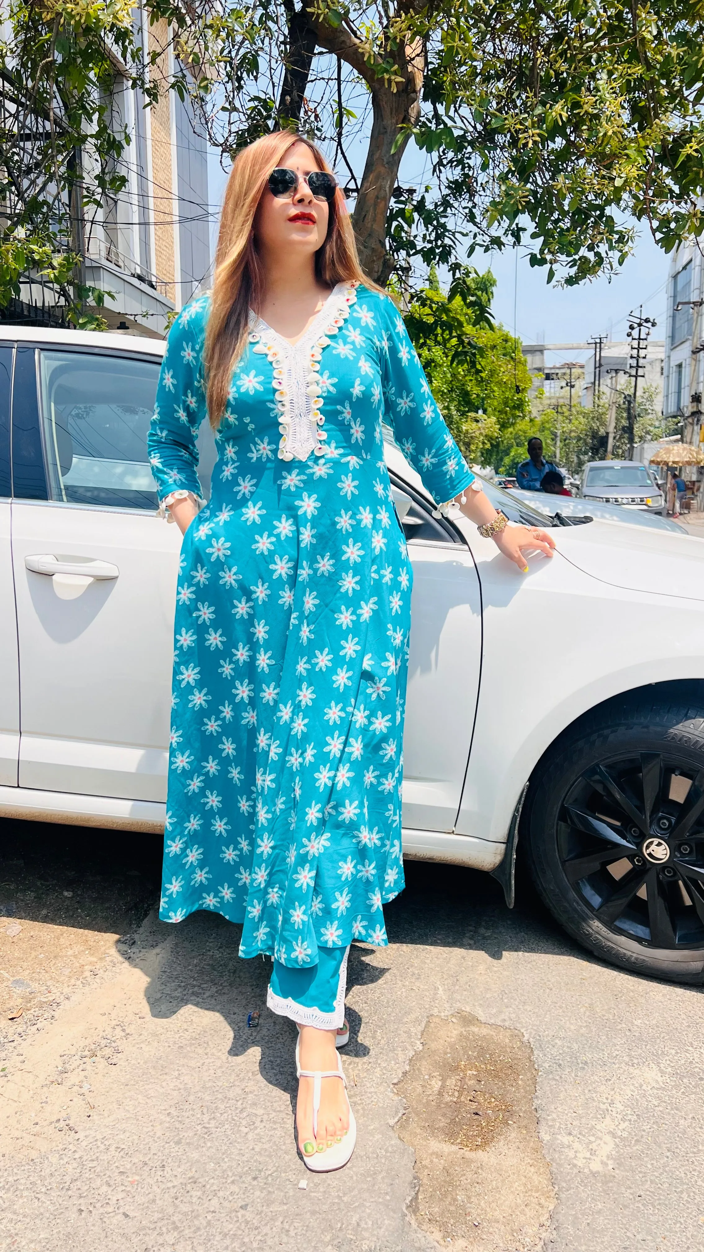 Turquoise Floral Cotton Suit