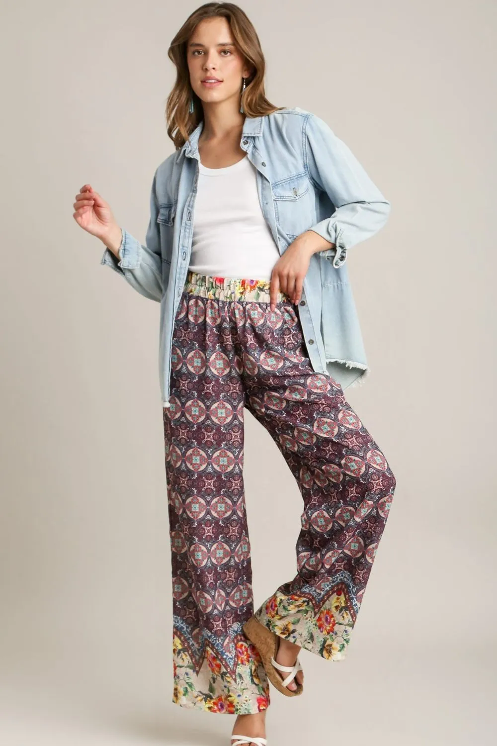 Umgee Plus Size Mixed Print Elastic Waistband Pants