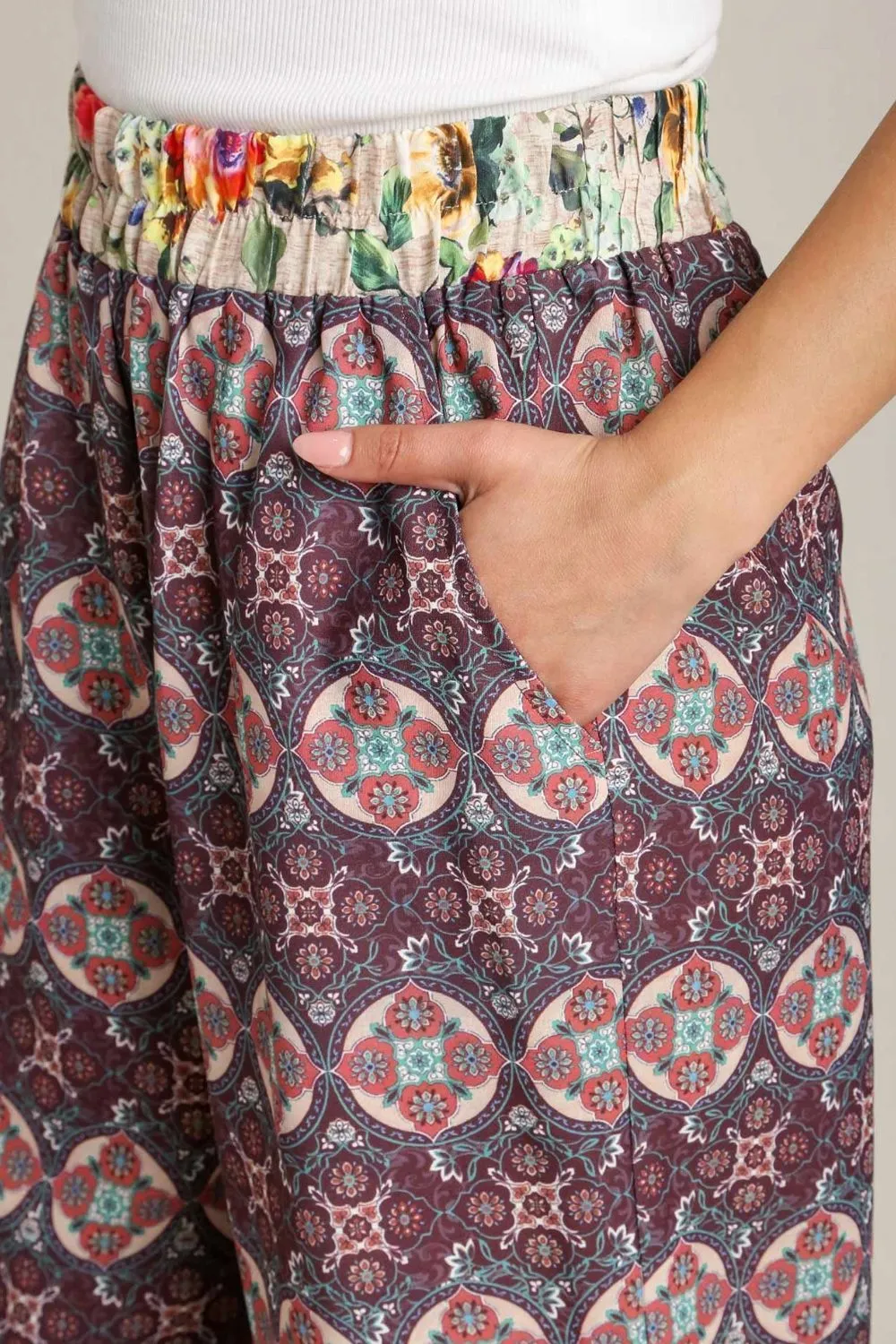 Umgee Plus Size Mixed Print Elastic Waistband Pants