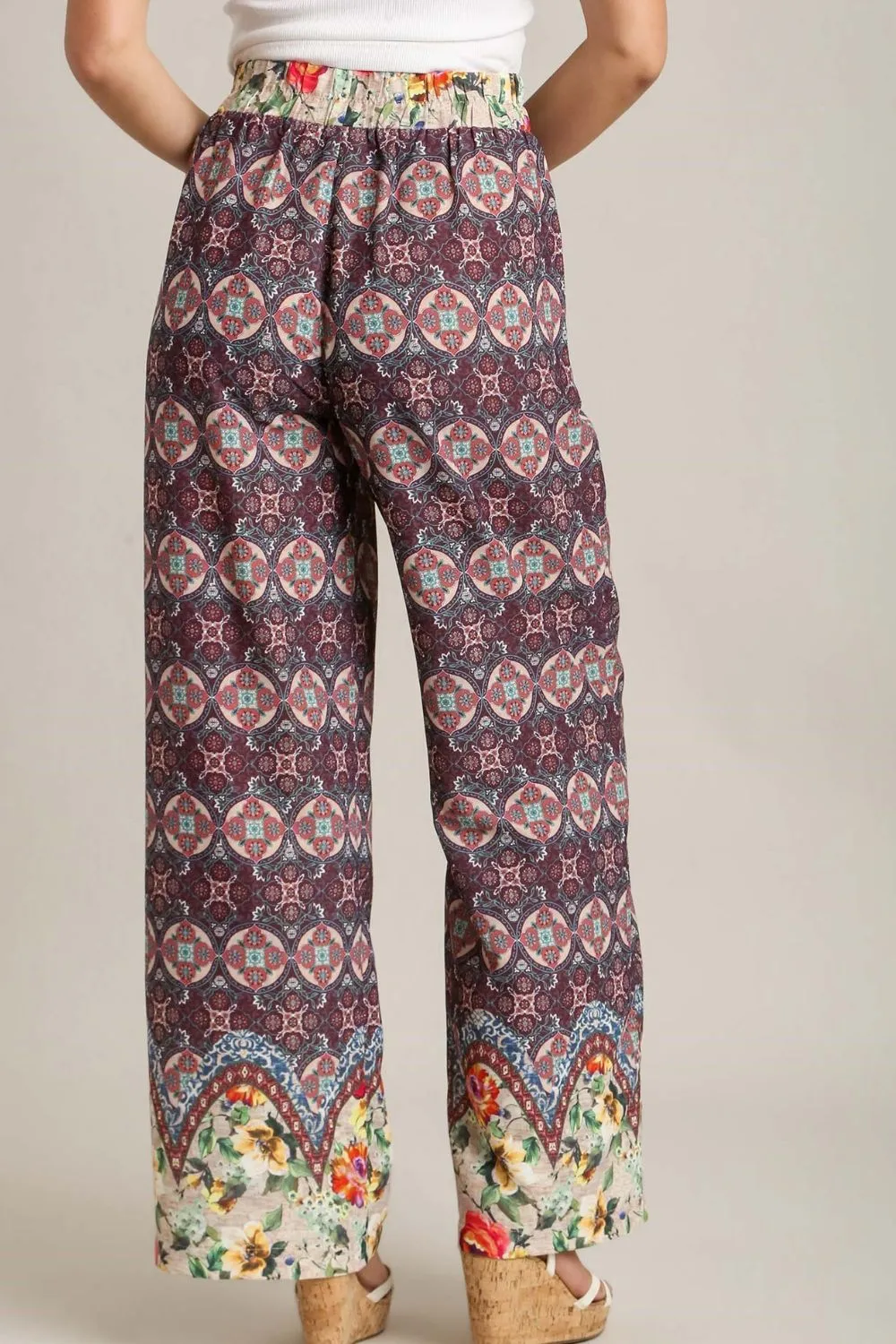 Umgee Plus Size Mixed Print Elastic Waistband Pants