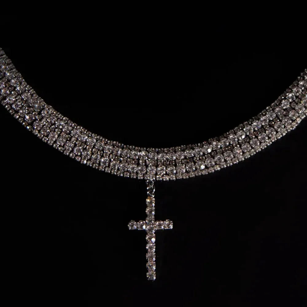 Y2K Rhinestone Chunky Multi-Layer Cross Necklace