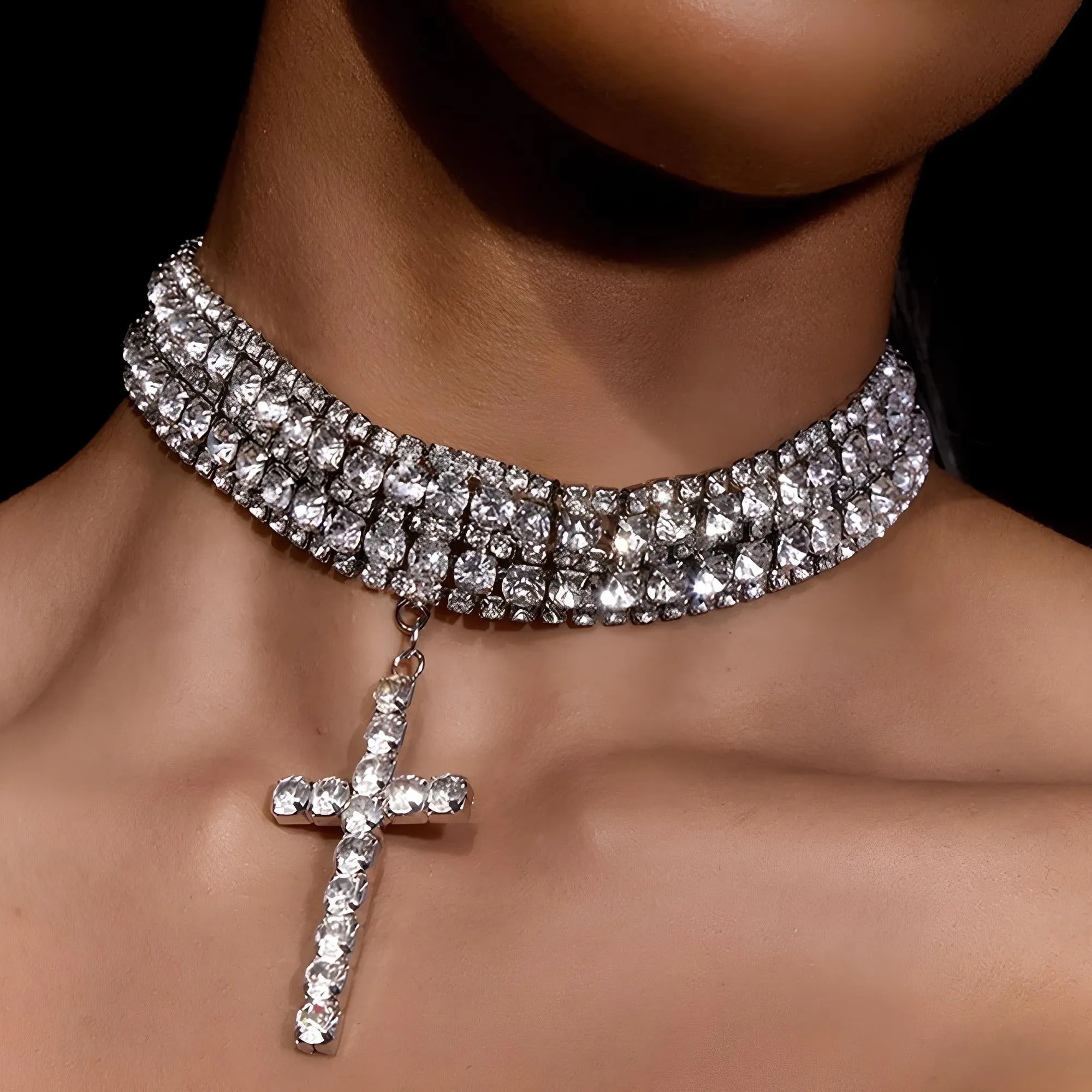 Y2K Rhinestone Chunky Multi-Layer Cross Necklace